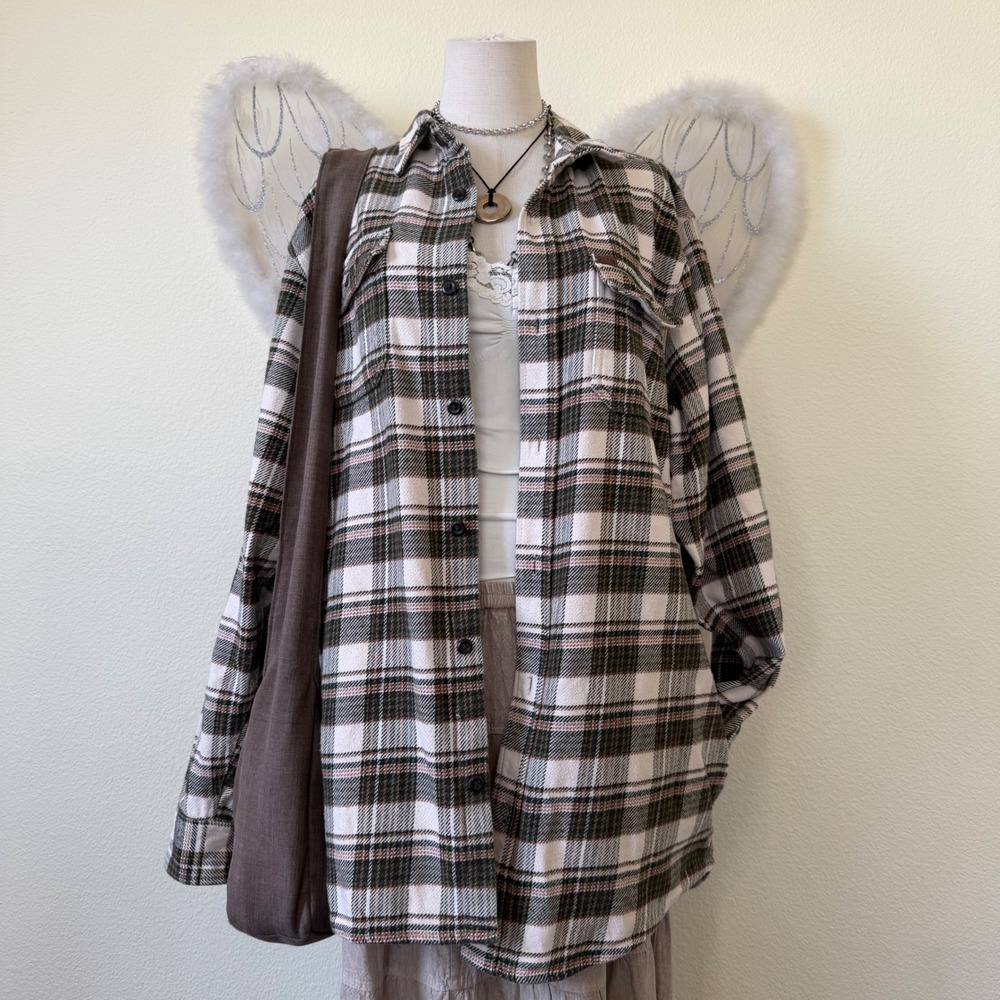 Indie Grunge Granola Girl‎ Plaid Flannel Shirt Jacket Green Tan Cabincore Dad